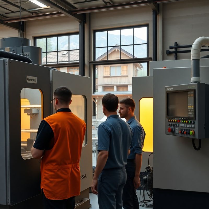 Gorenjski industrijski delavci ob CNC stroju v čisti tovarni